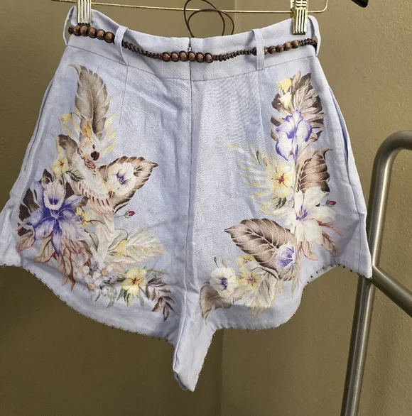 Zimmermann Pale Blue Hand-Painted Floral High-Waist Shorts - Picture 4 of 6